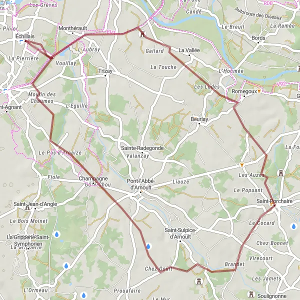 Miniature de la carte de l'inspiration cycliste "Aventure en Gravel" dans la Poitou-Charentes, France. Générée par le planificateur d'itinéraire cycliste Tarmacs.app