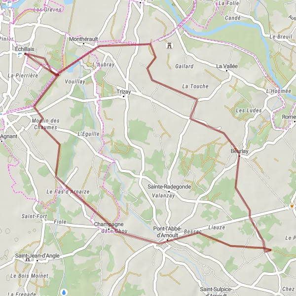 Map miniature of "Scenic Gravel Route to Pont-l'Abbé-d'Arnoult" cycling inspiration in Poitou-Charentes, France. Generated by Tarmacs.app cycling route planner