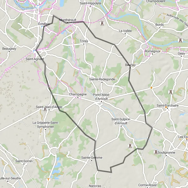 Miniature de la carte de l'inspiration cycliste "Boucle autour d'Échillais" dans la Poitou-Charentes, France. Générée par le planificateur d'itinéraire cycliste Tarmacs.app