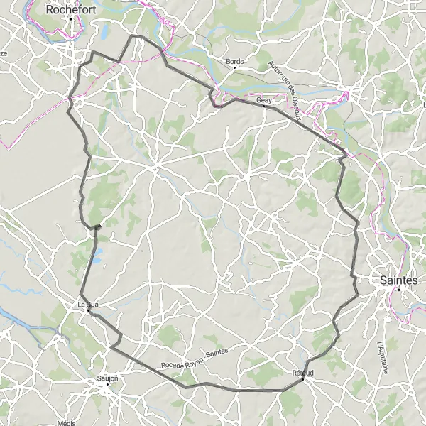 Miniature de la carte de l'inspiration cycliste "Circuit de la Charente" dans la Poitou-Charentes, France. Générée par le planificateur d'itinéraire cycliste Tarmacs.app
