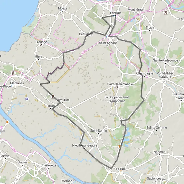 Map miniature of "Road Route: Échillais to Nieulle-sur-Seudre" cycling inspiration in Poitou-Charentes, France. Generated by Tarmacs.app cycling route planner