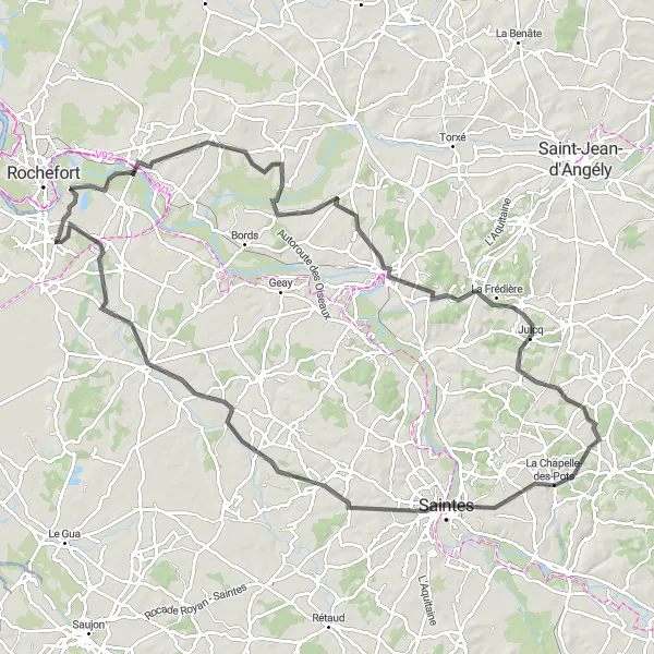 Miniature de la carte de l'inspiration cycliste "Les Arènes et les Châteaux" dans la Poitou-Charentes, France. Générée par le planificateur d'itinéraire cycliste Tarmacs.app