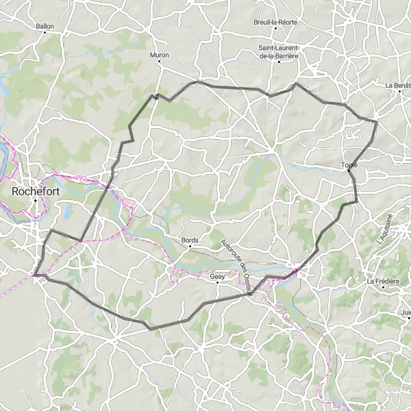 Map miniature of "Road Route: Échillais to Tonnay-Charente" cycling inspiration in Poitou-Charentes, France. Generated by Tarmacs.app cycling route planner
