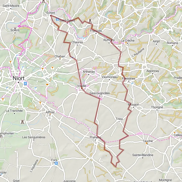 Map miniature of "Charming Gravel Adventure near Échiré" cycling inspiration in Poitou-Charentes, France. Generated by Tarmacs.app cycling route planner