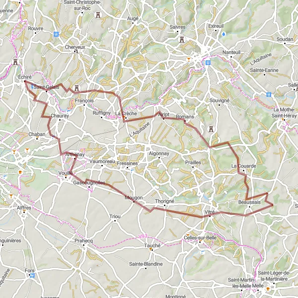 Map miniature of "The Gravel Adventure" cycling inspiration in Poitou-Charentes, France. Generated by Tarmacs.app cycling route planner
