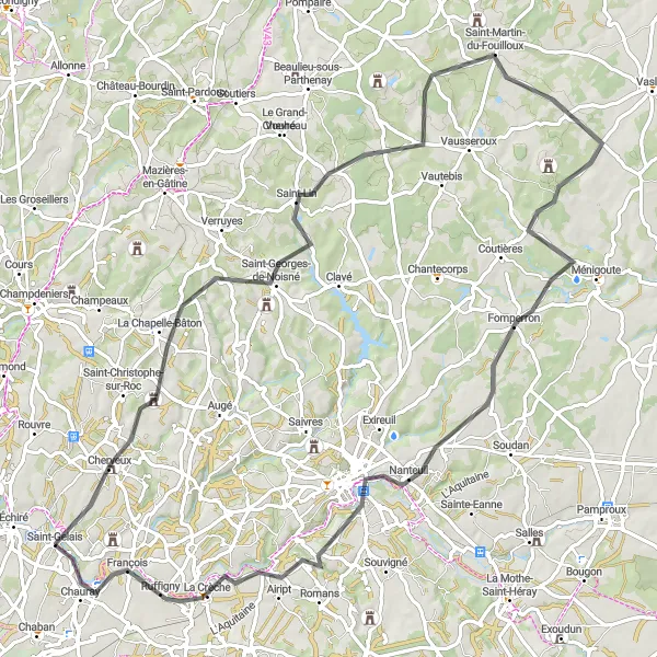 Map miniature of "Échiré to La Crèche Round Trip" cycling inspiration in Poitou-Charentes, France. Generated by Tarmacs.app cycling route planner