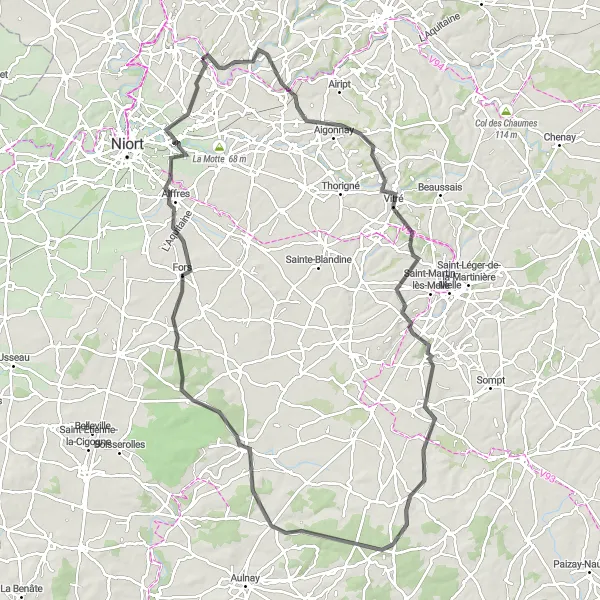 Map miniature of "The Road Challenge" cycling inspiration in Poitou-Charentes, France. Generated by Tarmacs.app cycling route planner