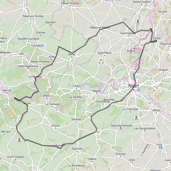 Map miniature of "Enchanting Road Cycling Journey to Niort" cycling inspiration in Poitou-Charentes, France. Generated by Tarmacs.app cycling route planner