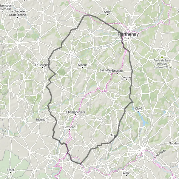 Map miniature of "Epic Road Cycling Challenge beyond Échiré" cycling inspiration in Poitou-Charentes, France. Generated by Tarmacs.app cycling route planner