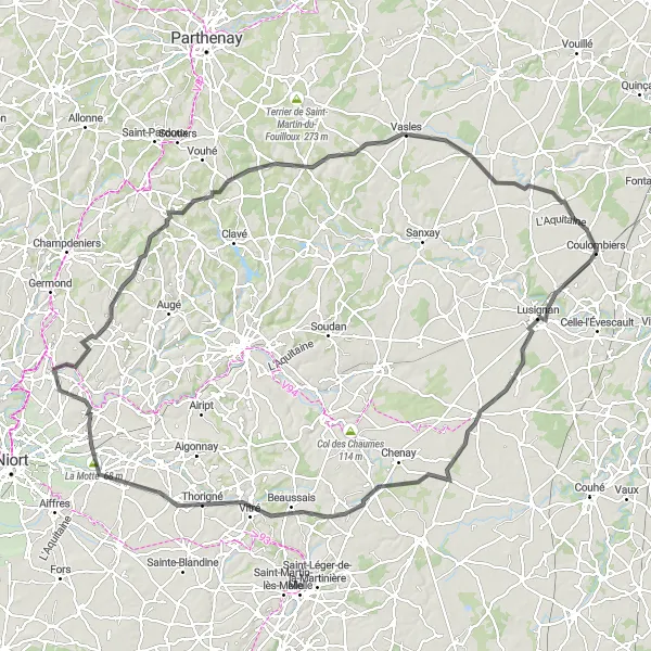 Map miniature of "Échiré to Sepvret Round Trip" cycling inspiration in Poitou-Charentes, France. Generated by Tarmacs.app cycling route planner