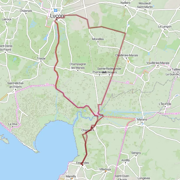 Miniature de la carte de l'inspiration cycliste "Tour du Marais Poitevin" dans la Poitou-Charentes, France. Générée par le planificateur d'itinéraire cycliste Tarmacs.app