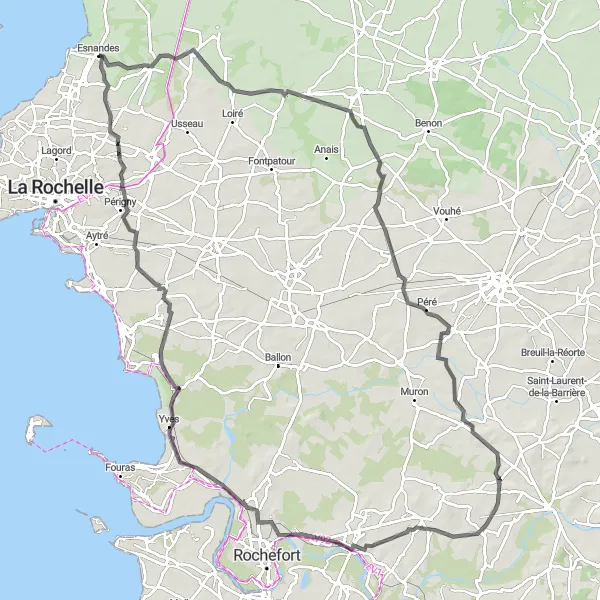 Map miniature of "Challenging Coastal Ride" cycling inspiration in Poitou-Charentes, France. Generated by Tarmacs.app cycling route planner