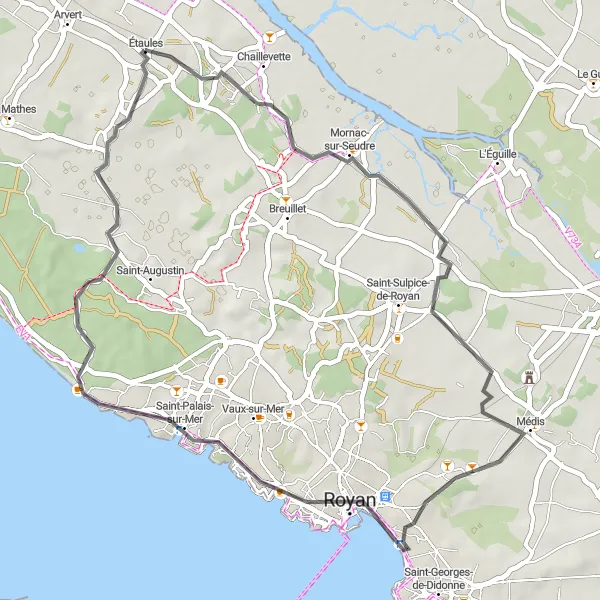 Map miniature of "Baie de Royan Coastal Ride" cycling inspiration in Poitou-Charentes, France. Generated by Tarmacs.app cycling route planner