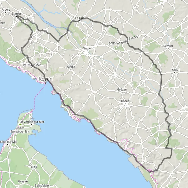 Map miniature of "Mornac-sur-Seudre Loop" cycling inspiration in Poitou-Charentes, France. Generated by Tarmacs.app cycling route planner