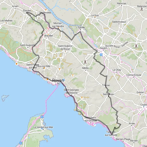 Miniature de la carte de l'inspiration cycliste "Parcours Estuaire et Nature" dans la Poitou-Charentes, France. Générée par le planificateur d'itinéraire cycliste Tarmacs.app