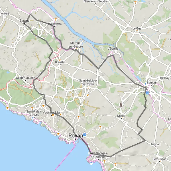 Miniature de la carte de l'inspiration cycliste "Boucle Chaillevette et Vaux-sur-Mer" dans la Poitou-Charentes, France. Générée par le planificateur d'itinéraire cycliste Tarmacs.app