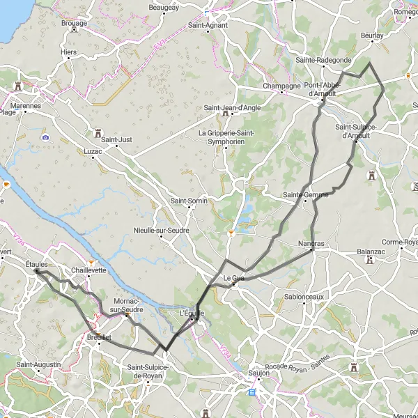 Miniature de la carte de l'inspiration cycliste "Circuit Le Gua et Mornac-sur-Seudre" dans la Poitou-Charentes, France. Générée par le planificateur d'itinéraire cycliste Tarmacs.app