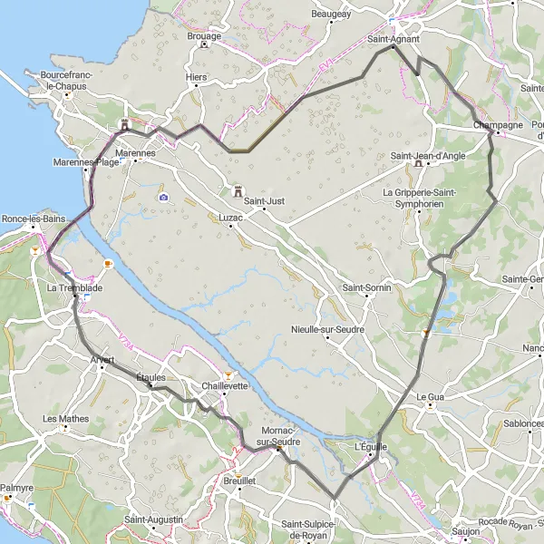 Miniature de la carte de l'inspiration cycliste "Escapade Charentaise" dans la Poitou-Charentes, France. Générée par le planificateur d'itinéraire cycliste Tarmacs.app