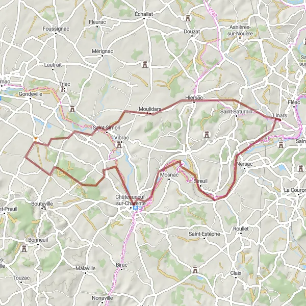 Map miniature of "Nersac to Moulidars Gravel Adventure" cycling inspiration in Poitou-Charentes, France. Generated by Tarmacs.app cycling route planner