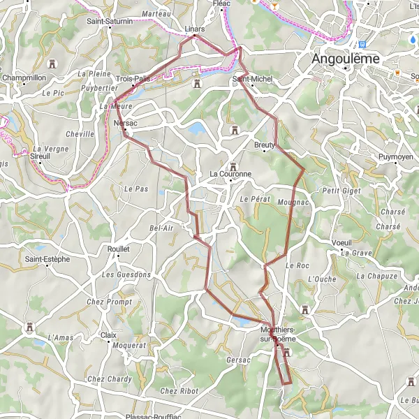 Miniature de la carte de l'inspiration cycliste "Parcours gravel à travers Linars et Nersac" dans la Poitou-Charentes, France. Générée par le planificateur d'itinéraire cycliste Tarmacs.app