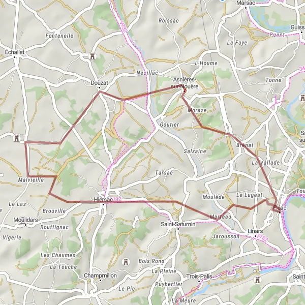Map miniature of "Hiersac to Les Mornats Gravel Loop" cycling inspiration in Poitou-Charentes, France. Generated by Tarmacs.app cycling route planner