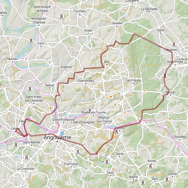 Miniature de la carte de l'inspiration cycliste "Circuit Linars-Bunzac" dans la Poitou-Charentes, France. Générée par le planificateur d'itinéraire cycliste Tarmacs.app