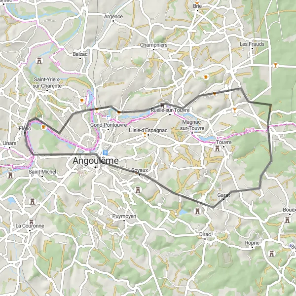 Map miniature of "Fléac - Ruelle-sur-Touvre Loop" cycling inspiration in Poitou-Charentes, France. Generated by Tarmacs.app cycling route planner