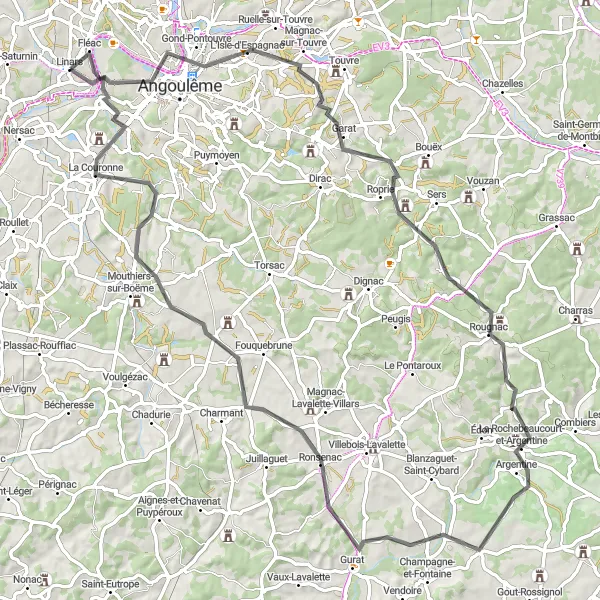 Miniature de la carte de l'inspiration cycliste "Boucle Magnac-sur-Touvre-Château de la Foy" dans la Poitou-Charentes, France. Générée par le planificateur d'itinéraire cycliste Tarmacs.app