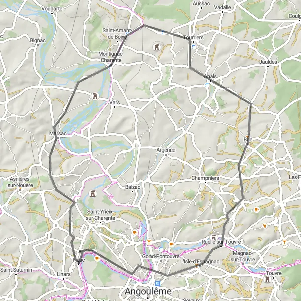 Map miniature of "Fléac - Saint-Amant-de-Boixe Loop" cycling inspiration in Poitou-Charentes, France. Generated by Tarmacs.app cycling route planner