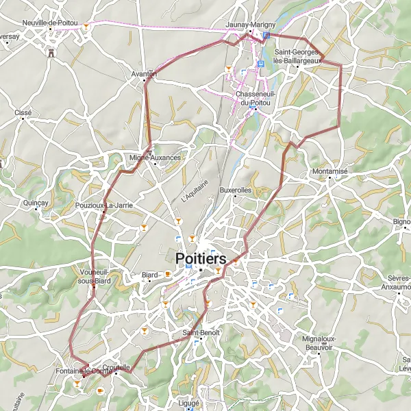 Map miniature of "Gravel Route: Fontaine-le-Comte to Croutelle" cycling inspiration in Poitou-Charentes, France. Generated by Tarmacs.app cycling route planner