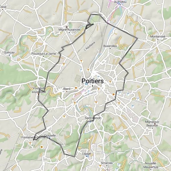 Miniature de la carte de l'inspiration cycliste "Parcours Historique de Saint-Benoît" dans la Poitou-Charentes, France. Générée par le planificateur d'itinéraire cycliste Tarmacs.app