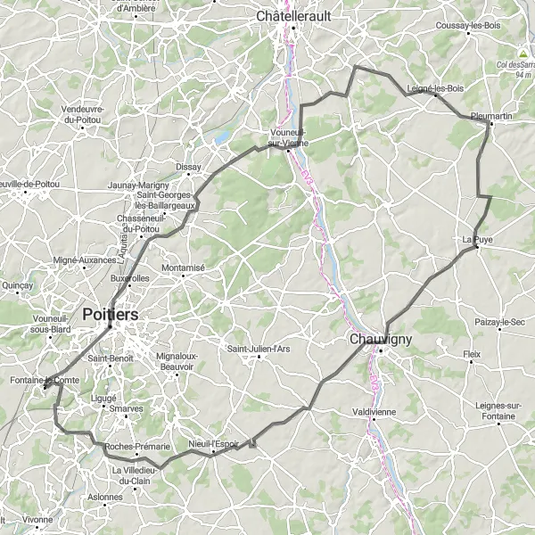 Miniature de la carte de l'inspiration cycliste "Tour des Châteaux de la Vienne" dans la Poitou-Charentes, France. Générée par le planificateur d'itinéraire cycliste Tarmacs.app