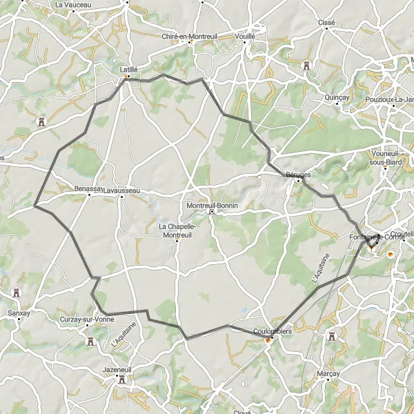 Miniature de la carte de l'inspiration cycliste "Boucle de Coulombiers et Latillé" dans la Poitou-Charentes, France. Générée par le planificateur d'itinéraire cycliste Tarmacs.app