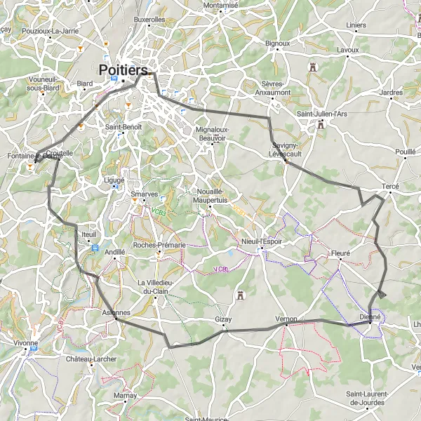Miniature de la carte de l'inspiration cycliste "Tour de Poitiers et ses environs" dans la Poitou-Charentes, France. Générée par le planificateur d'itinéraire cycliste Tarmacs.app