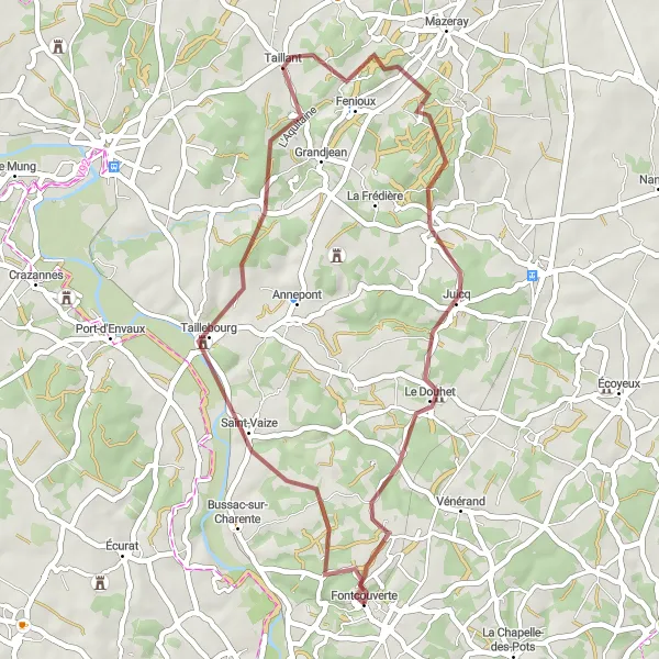 Map miniature of "Fontcouverte Circuit" cycling inspiration in Poitou-Charentes, France. Generated by Tarmacs.app cycling route planner