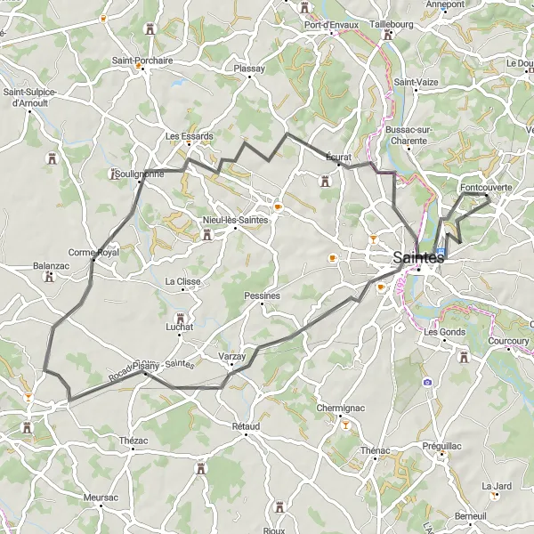 Map miniature of "The Saintes Loop" cycling inspiration in Poitou-Charentes, France. Generated by Tarmacs.app cycling route planner