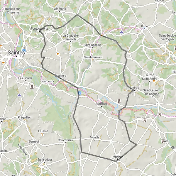 Miniature de la carte de l'inspiration cycliste "La Boucle Charentaise" dans la Poitou-Charentes, France. Générée par le planificateur d'itinéraire cycliste Tarmacs.app
