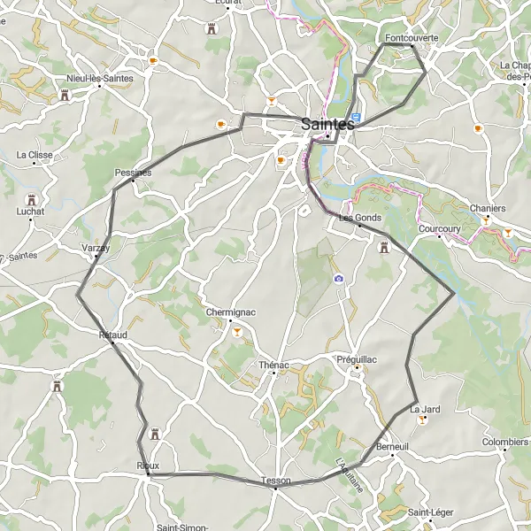 Map miniature of "Fontcouverte to Saintes" cycling inspiration in Poitou-Charentes, France. Generated by Tarmacs.app cycling route planner