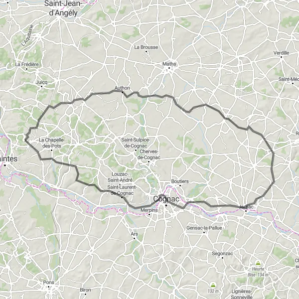 Map miniature of "Cognac Exploration" cycling inspiration in Poitou-Charentes, France. Generated by Tarmacs.app cycling route planner