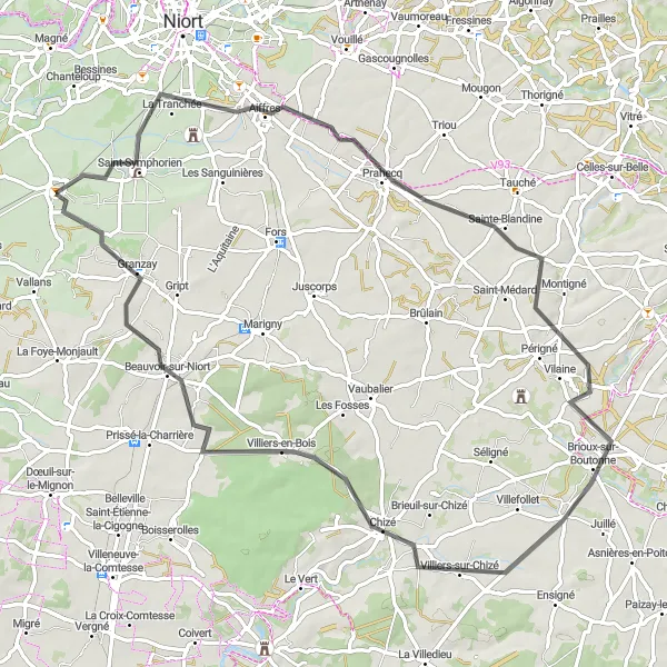 Map miniature of "Frontenay-Rohan-Rohan - Aiffres - Prahecq - Brioux-sur-Boutonne - Chizé - Beauvoir-sur-Niort Cycling Route" cycling inspiration in Poitou-Charentes, France. Generated by Tarmacs.app cycling route planner