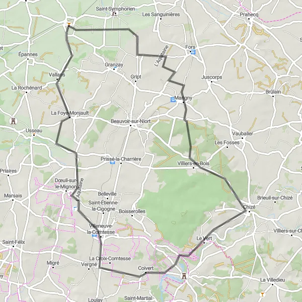 Miniature de la carte de l'inspiration cycliste "La Boucle des Châteaux" dans la Poitou-Charentes, France. Générée par le planificateur d'itinéraire cycliste Tarmacs.app
