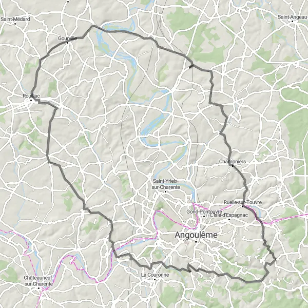 Map miniature of "Road Explorer" cycling inspiration in Poitou-Charentes, France. Generated by Tarmacs.app cycling route planner