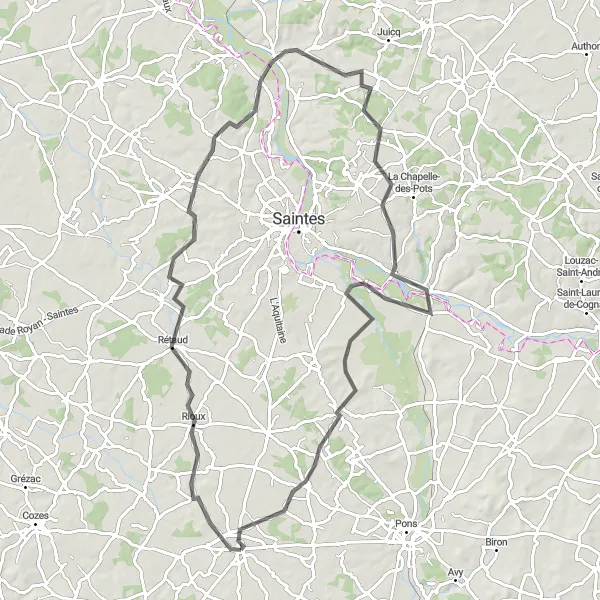 Map miniature of "Gémozac to Villars-en-Pons Road Cycling Route" cycling inspiration in Poitou-Charentes, France. Generated by Tarmacs.app cycling route planner