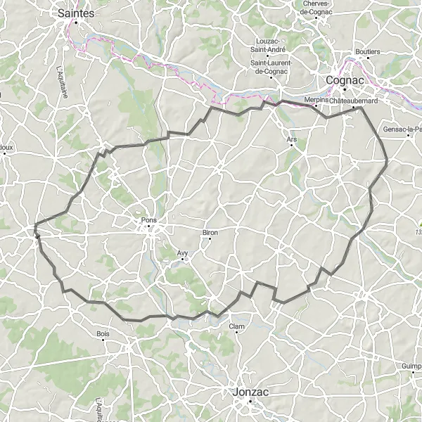 Map miniature of "Gémozac to Saint-Palais-de-Phiolin Road Cycling Route" cycling inspiration in Poitou-Charentes, France. Generated by Tarmacs.app cycling route planner