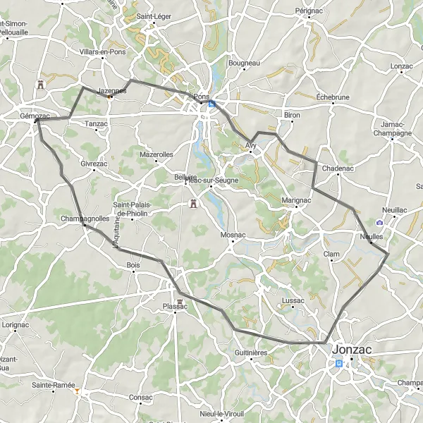 Map miniature of "Gémozac to Pons Road Cycling Route" cycling inspiration in Poitou-Charentes, France. Generated by Tarmacs.app cycling route planner