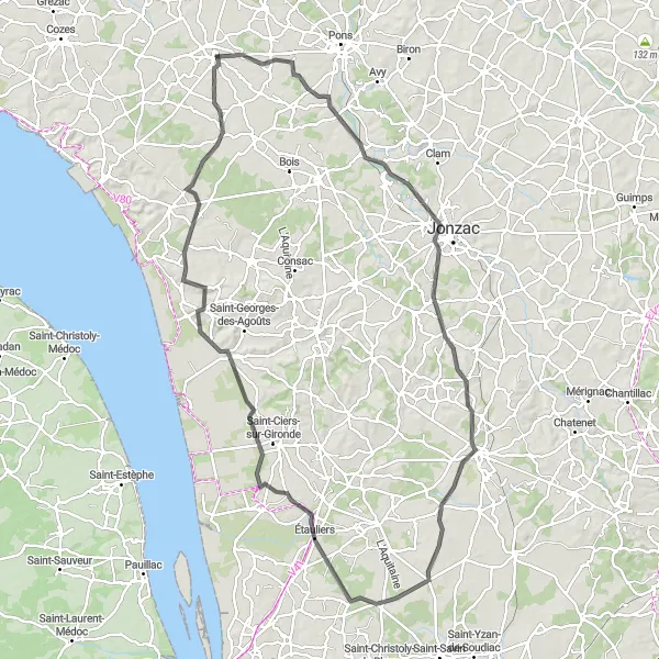 Miniature de la carte de l'inspiration cycliste "Boucle des Vignobles" dans la Poitou-Charentes, France. Générée par le planificateur d'itinéraire cycliste Tarmacs.app