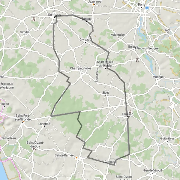 Map miniature of "Gémozac to Saint-Quantin-de-Rançanne Road Cycling Route" cycling inspiration in Poitou-Charentes, France. Generated by Tarmacs.app cycling route planner