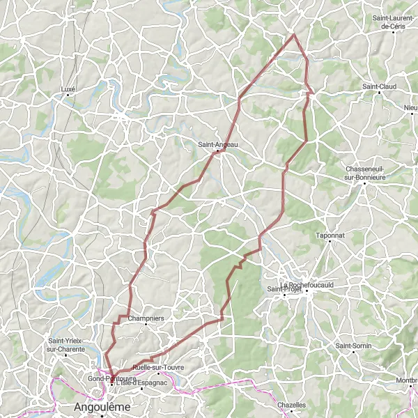 Map miniature of "Explore Rural Charante's Gravel Paths" cycling inspiration in Poitou-Charentes, France. Generated by Tarmacs.app cycling route planner