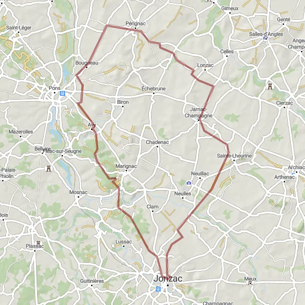 Miniature de la carte de l'inspiration cycliste "Exploration gravel vers Lonzac" dans la Poitou-Charentes, France. Générée par le planificateur d'itinéraire cycliste Tarmacs.app
