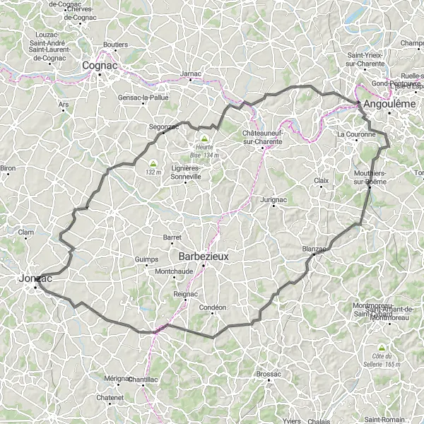 Map miniature of "Scenic Ride through Jonzac and Surroundings" cycling inspiration in Poitou-Charentes, France. Generated by Tarmacs.app cycling route planner